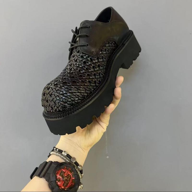 Premium commuter thick-soled trendy shoes hand-woven one-pedal hollowed-out breathable business casual height-increasing leather shoes men