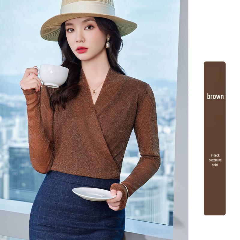 Blůza s dlouhým rukávem ze síťoviny Lurex s výstřihem do V - Dámský slim fit na jaro/podzim