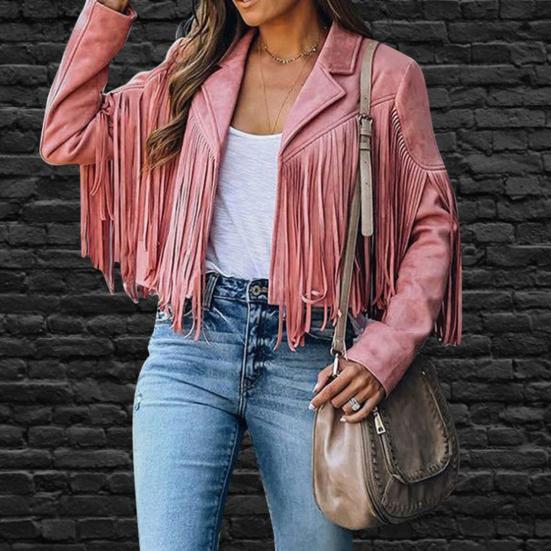 Women's Casual Tassel Jacket Long Sleeve Lapel Fringed Cropped Coat Faux Suede Motorcycle Outwear for Spring Autumn