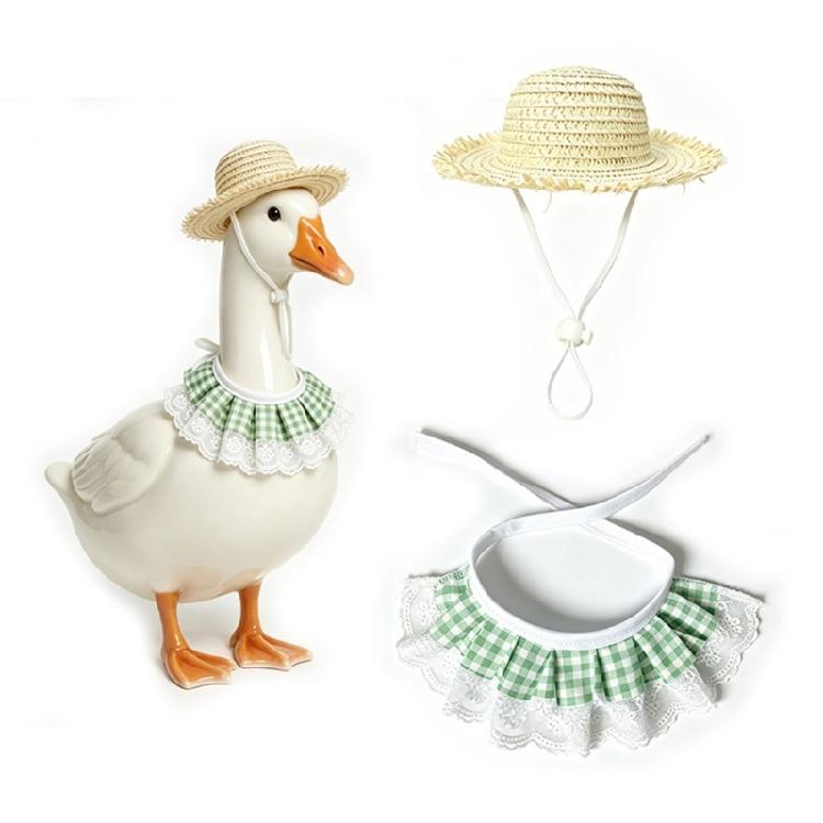 Entryway Geese Display Outfit Set With Matched Hat and Patterned Collar for Country Porch Styling and Shelf Accent