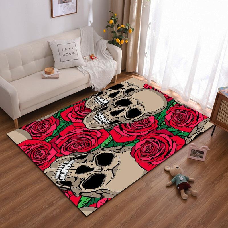 "Skull and Red Rose Printed Carpet with Gothic Art Design" Suitable for use as an anti-slip for living room bedroom sofas