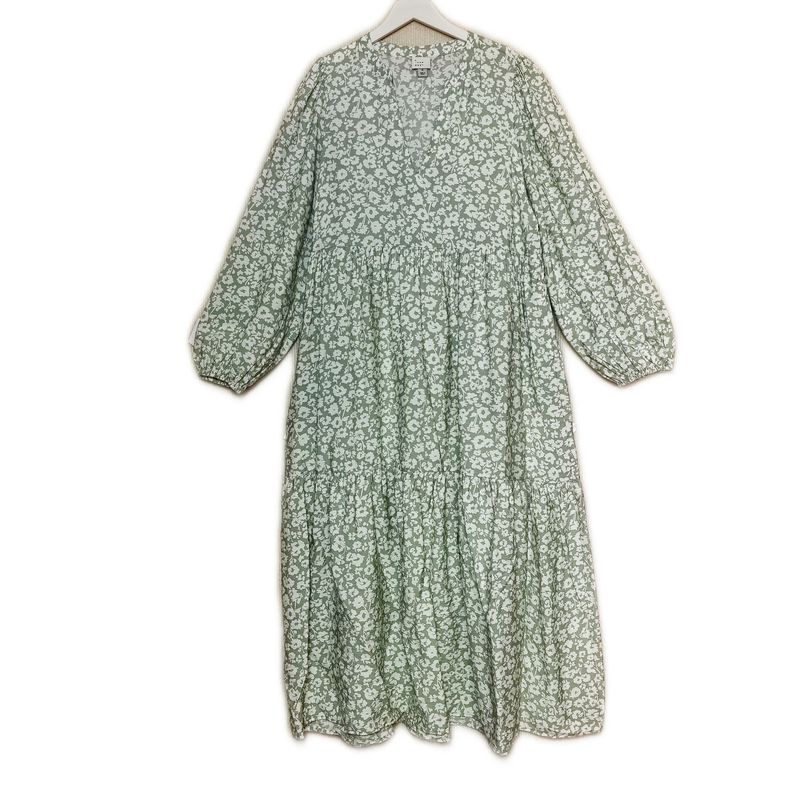 

Export Fashion Original Single Rayon Print V-neck Long-Sleeve Dress Pockets on Both Sides Long Big Hem Dress Tall Light green Print M