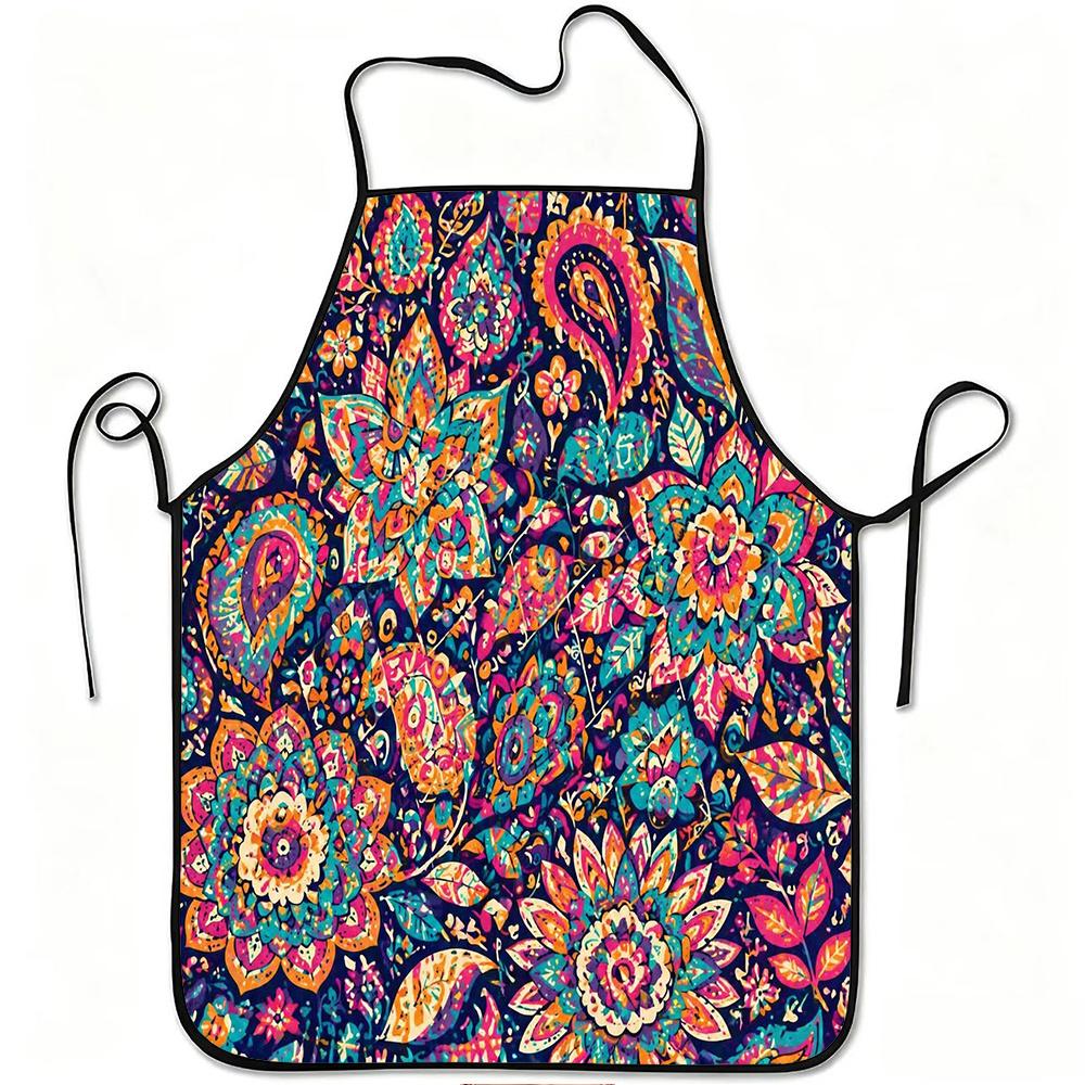 1pc Bohemian Floral Paisley Apron with Adjustable Waistband & Colorful Print - Durable Easy-Clean Polyester Suitable for Kitchen Cooking, Gardening, O
