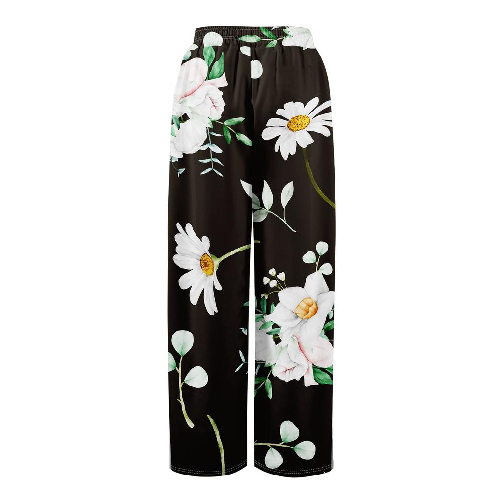 Kvinner Sommer Boho Palazzo Bukser Høy midje Bred Leg Rinting Casual Bukser Med Lommer