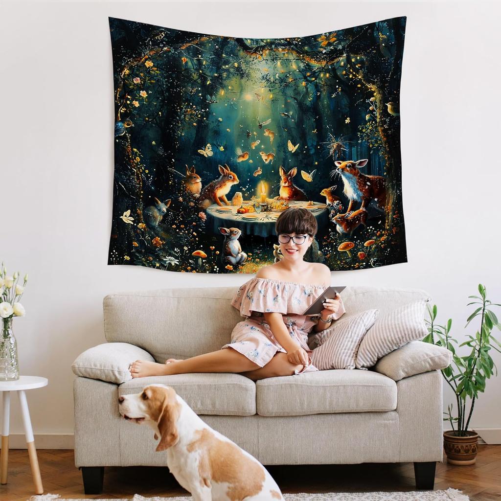 Enchanted Forest Tapestry, Fantasy Woods Tapestry Wall Hanging, Magical Wildflower Forest Animal Wall Blanket Decor For Home