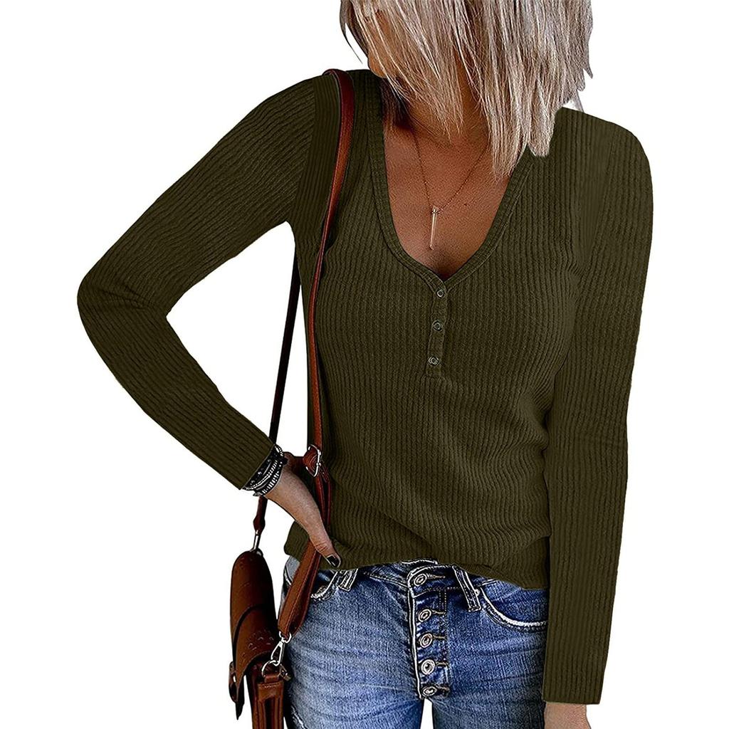 Womens Long Sleeve V Neck Button Casual Tops Ribbed Color Shirts