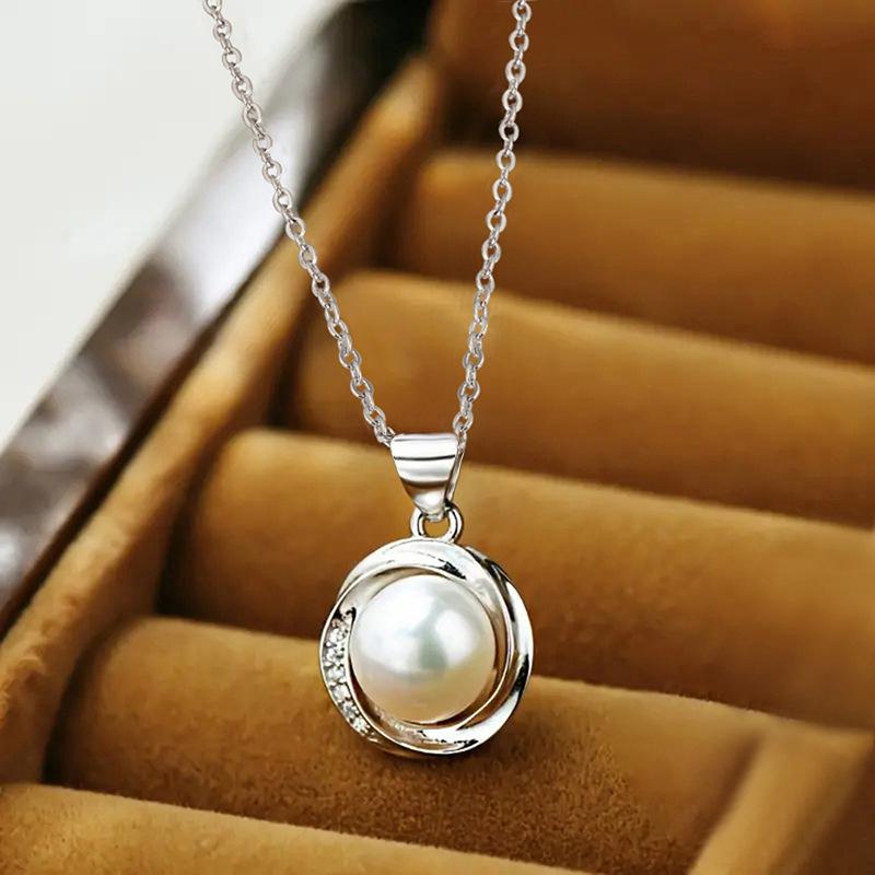 Twist Wrapped Single White Pearl Partial Paved Stone Pendant Thin Link Chain Women Neck Jewelry