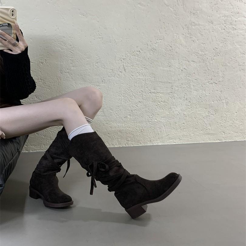 2025 Autumn New Wasteland Fringed Knight Boots Women's Thick Heel Medium Heel Tube Boots Stacking Boots