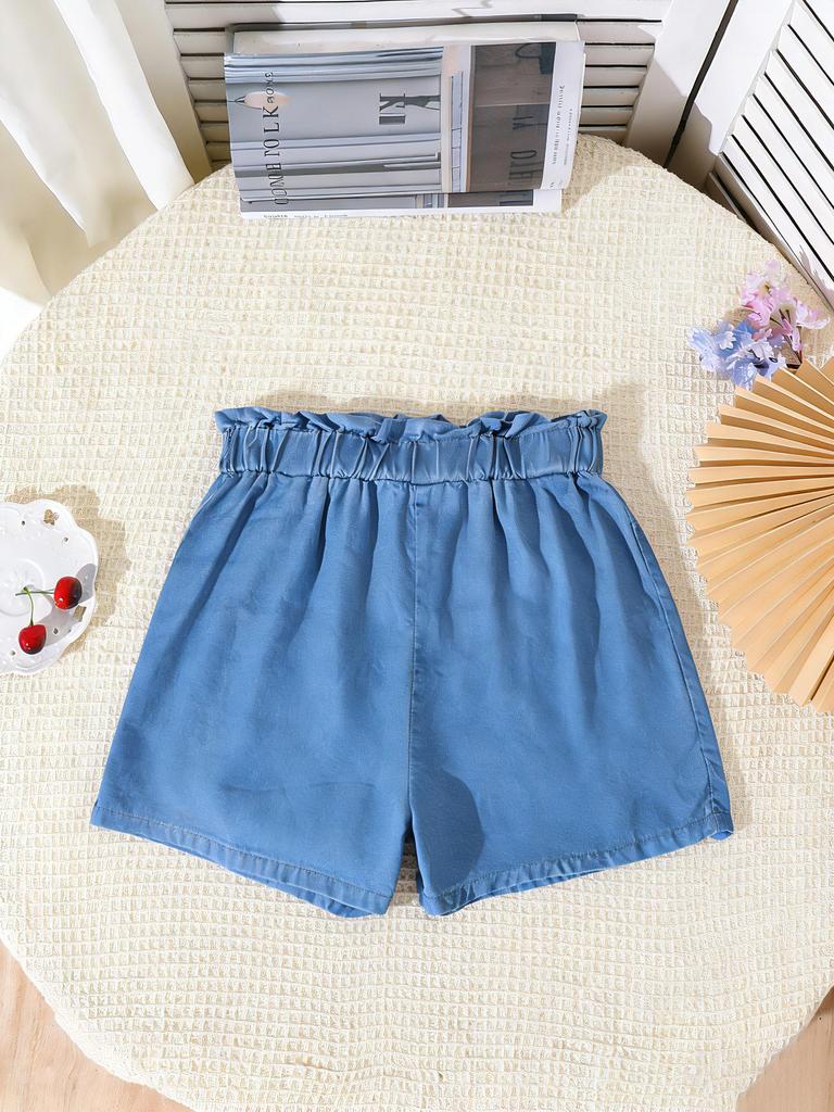 Girls' Fashionable & Versatile Lace-Trimmed Faux-Denim Shorts (Summer Style)