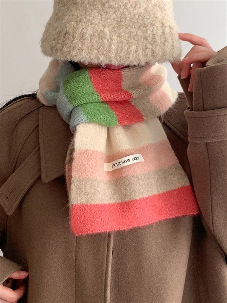 Korean Style Winter Warm Wool Scarf For Women Design Striped Elastic Knitted Scarves Female Bandana Thick Neckerchief Shawl