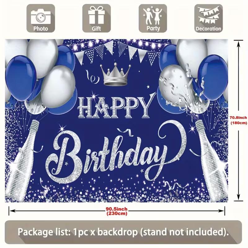 2D Glitter Silver Champagne Happy Birthday Backdrop Banner for Masculine Party Supplies
