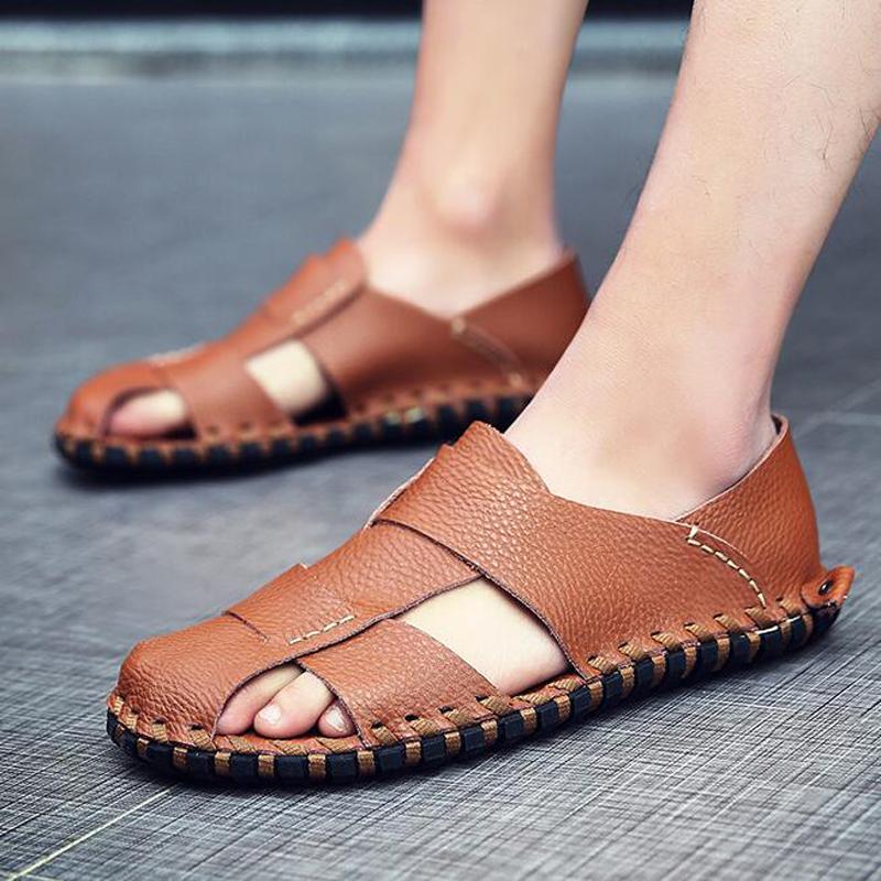 Fashion Summer Men's Sandals Low-cut Leather Flat-bottomed Beach Shoes, Large Size Handmade Stitching Hole Shoes H368