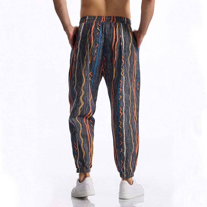Summer Cotton Linen Men's Casual Drawstring Graphic Print Boho Tribal Vintage Pants Outdoor Activities Trousers Running Jogger