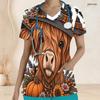 Top de uniforme de enfermera talla grande para mujer, cuello en V, manga corta, estampado de vaca de las Highlands de Halloween, bolsillos frontales