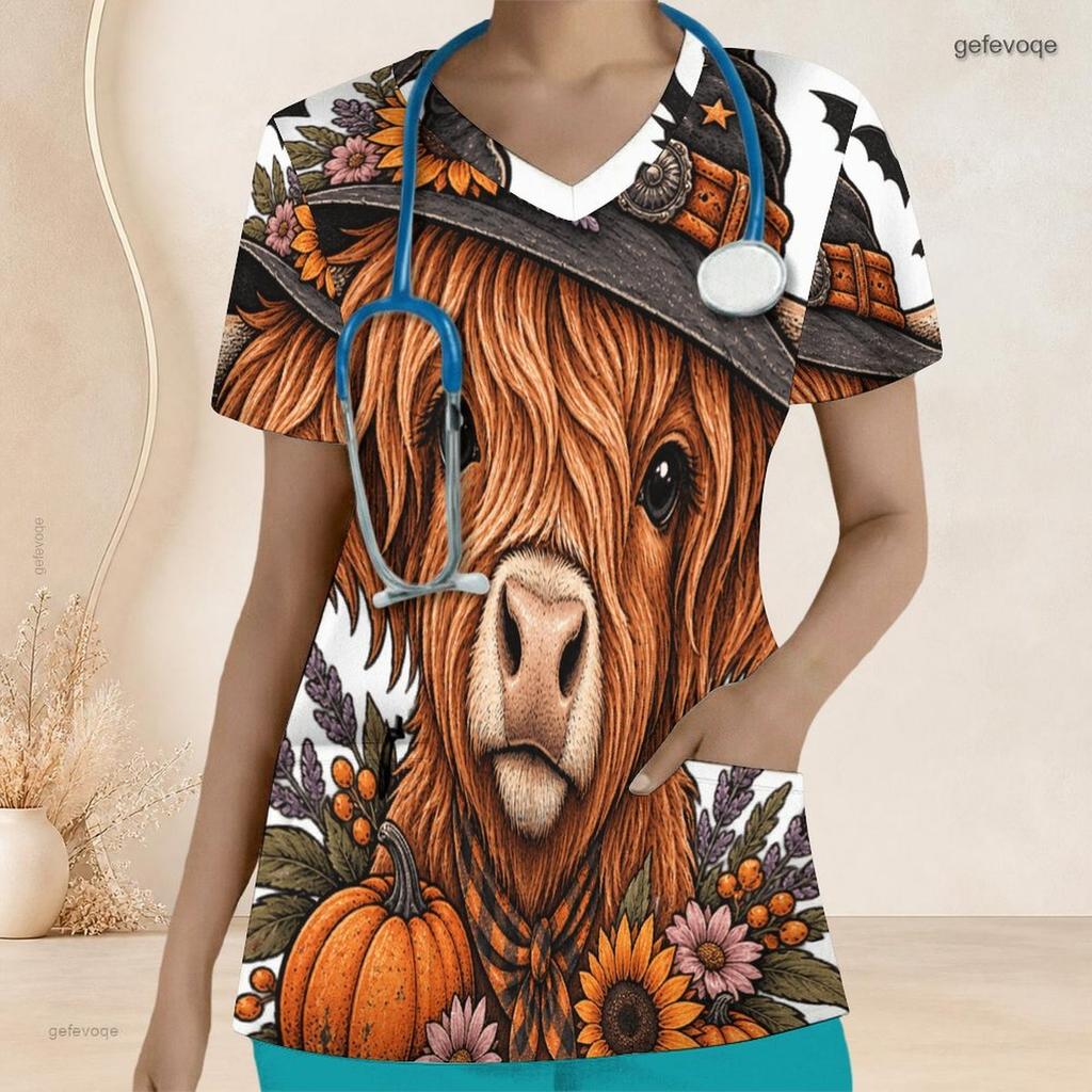 Top de uniforme de enfermera talla grande para mujer, cuello en V, manga corta, estampado de vaca de las Highlands de Halloween, bolsillos frontales