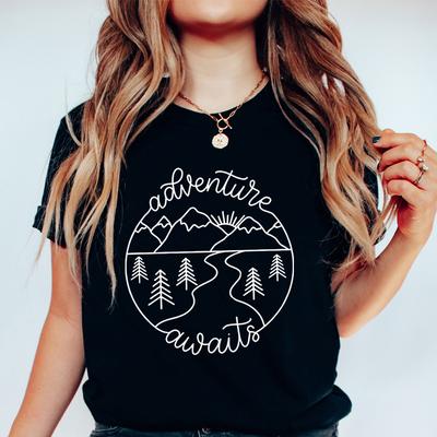 Adventure Awaits Outdoor Graphic T Shirts Women Mountain Nature Lover Gift Crew Neck Short Sleeve Tshirt Adventure Classic Tops