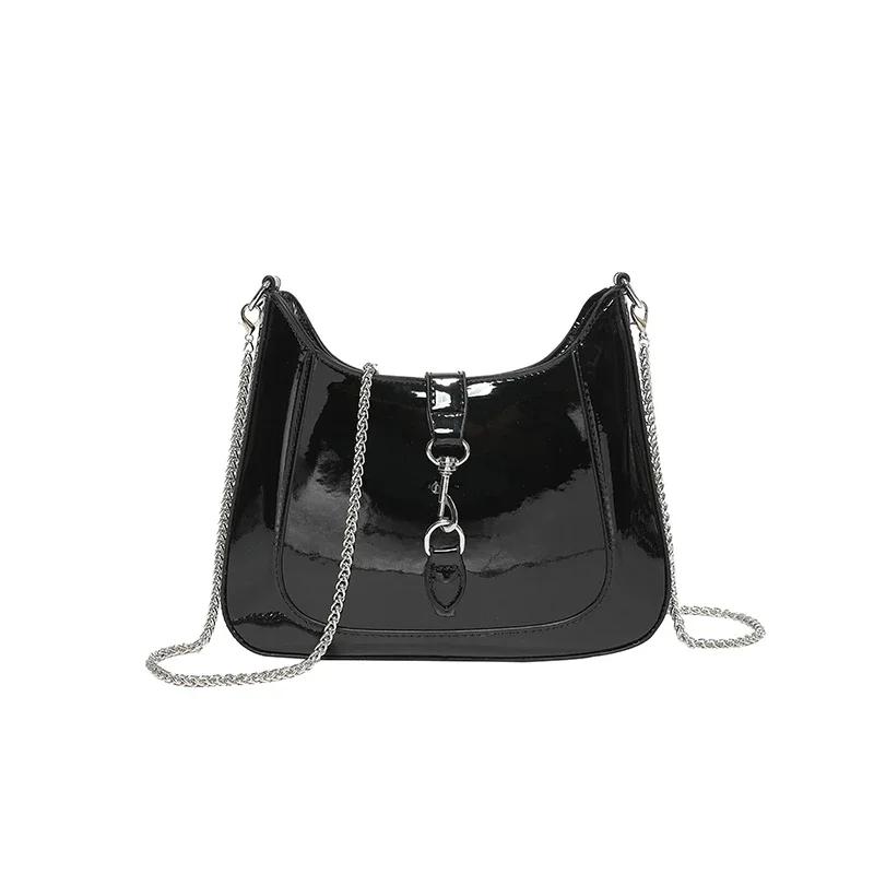 

Сумки через плечо с цепочками для женщин, однотонные сумки через плечо, глянцевые сумки из ПУ, универсальные сумки с застежкой