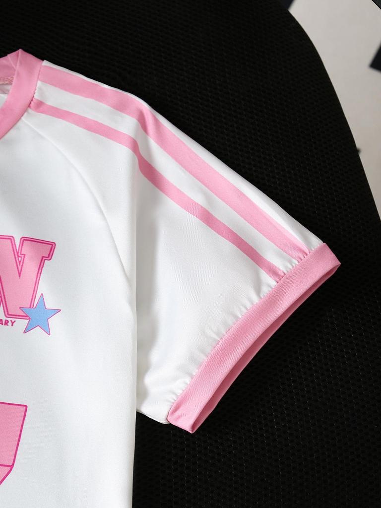 Two-piece Girls' Preppy Style Casual T-shirt and Shorts Set with Side Stripes, Number 67, and Letter Print, Perfect for Spring and Summer.