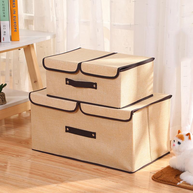 Cotton Fabric Foldable Storage Box Large Double Lid With Cover Organizer Underwear Miscellaneous Items Bedroom Arrangement Case