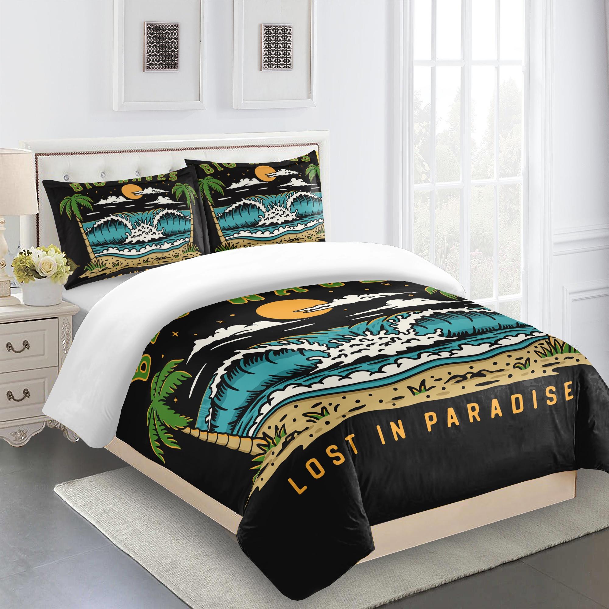 

Beach Waves Comforter Cover Set Sunset Hawaii Vacation Summer Tropical Leaves bedding Separately Purchase or Set 1-3 pcs 135*200cm&Sham