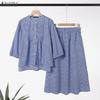 Women 3/4 Sleeve Blouse and Long Skirts Plaid Print Two Piece Suit Sets