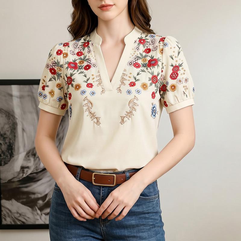 ZANZEA Women Casual V-neck Floral Print Short Sleeve Blouse