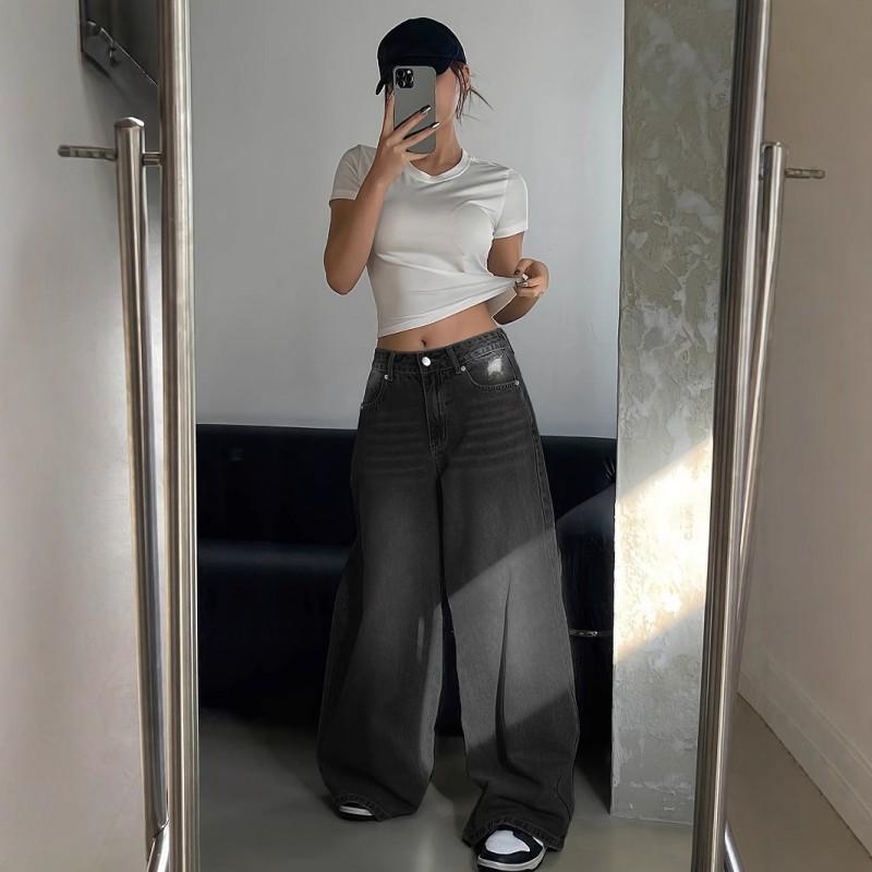 Womens Black Wide Leg Distressed Oversized Denim Jeans High Waist Long Trousers Streetwear Style