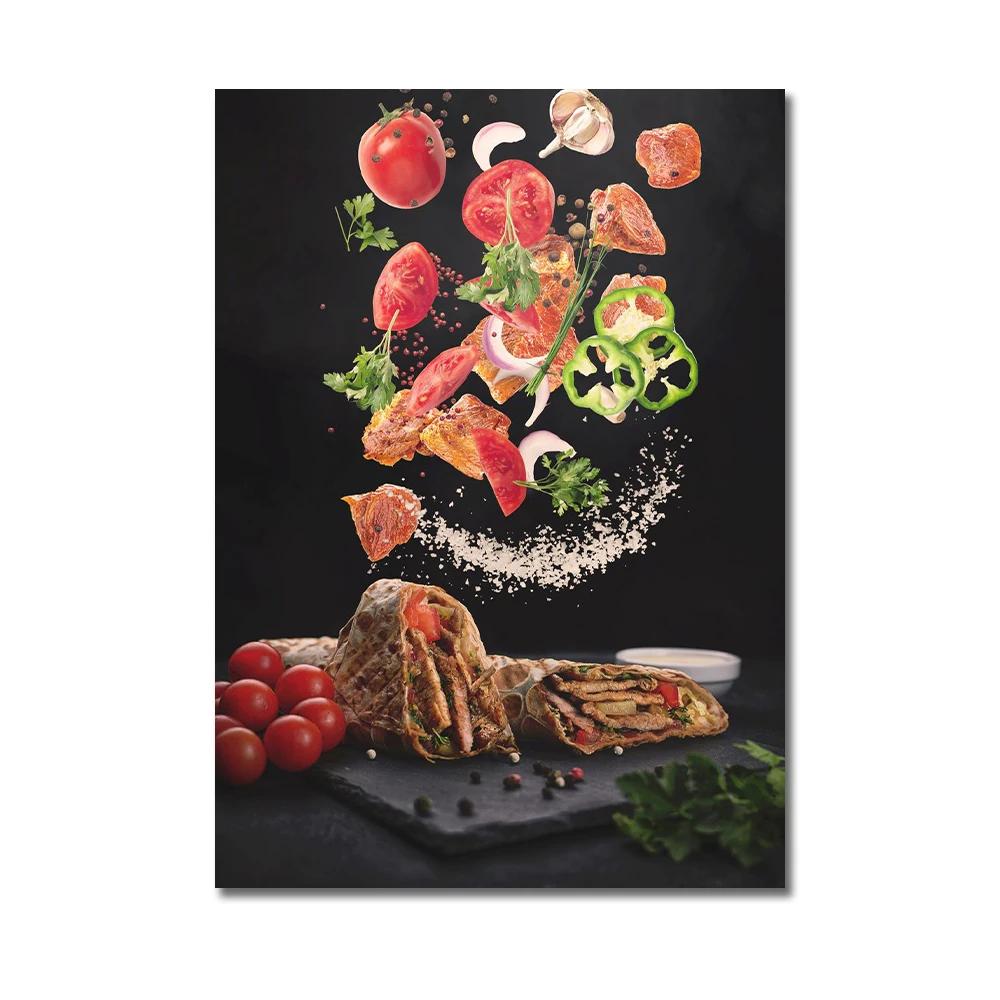 Köksposter Pizza Biff Sallad Hamburgare Burrito Bilder Restaurang Väggkonst Tryck Västkök Canvasmålning Ingen Ram