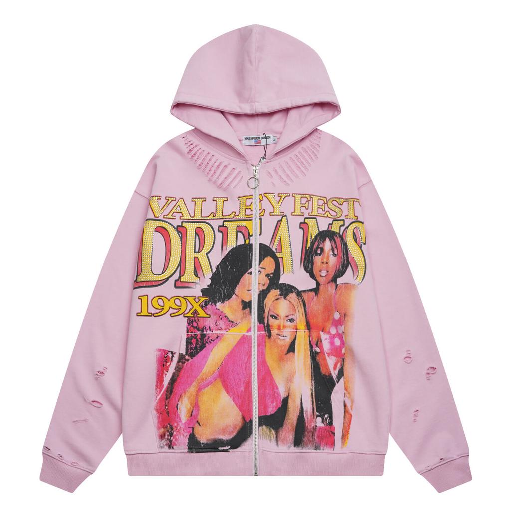 V125 Vale DREAM VALLEY Zip Up Hoodie Hot Stamping Pink Cardigan Sweatshirt