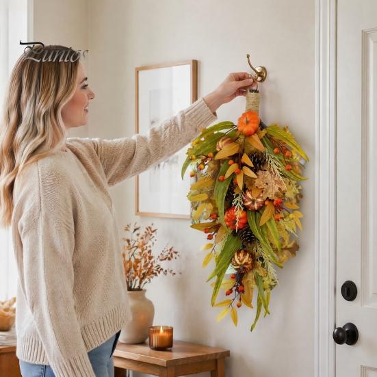 Autumn Door Swag Artificial Fall Teardrop Swag, Faux Pumpkins Berries Pinecones Leaves Indoor Outdoor Thanksgiving Ornaments Harvest Wreath for Front