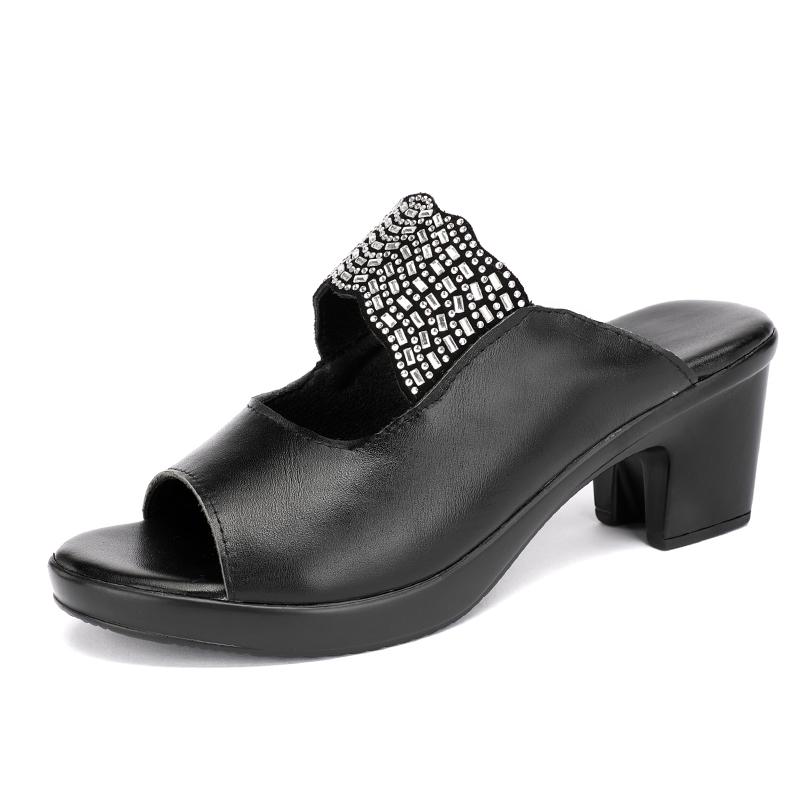 Fashion GKTINOO Women Slipper's 2024 Ladies Summer Slippers Shoes Women High Heels Fashion Rhinestone Summer Shoes Genuine Leather