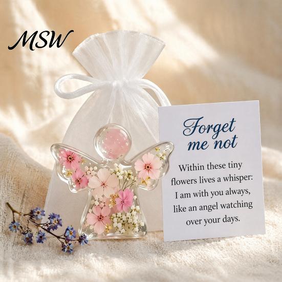 Regalo Angelo Custode tascabile, Ricordo Fiore Secco Non Ti Scordar Di Me, Mini Statuetta Tascabile in Acrilico Abbraccio, Ornamento Floreale Fatto a Mano, Conforto Memoriale