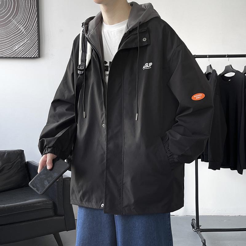 Men's Plus Size Hooded Windbreaker: Trendy Two-Piece American Style Jacket, Loose Waterproof Workwear for Spring/Autumn.
