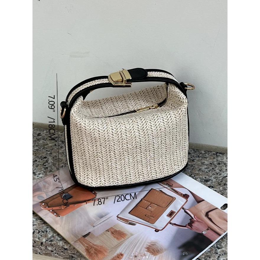 Versatile Straw Woven Crossbody Bags Casual Bucket Shoulder Bags Fashion Contrast Color Handbags Vacation Beach Bags for Women