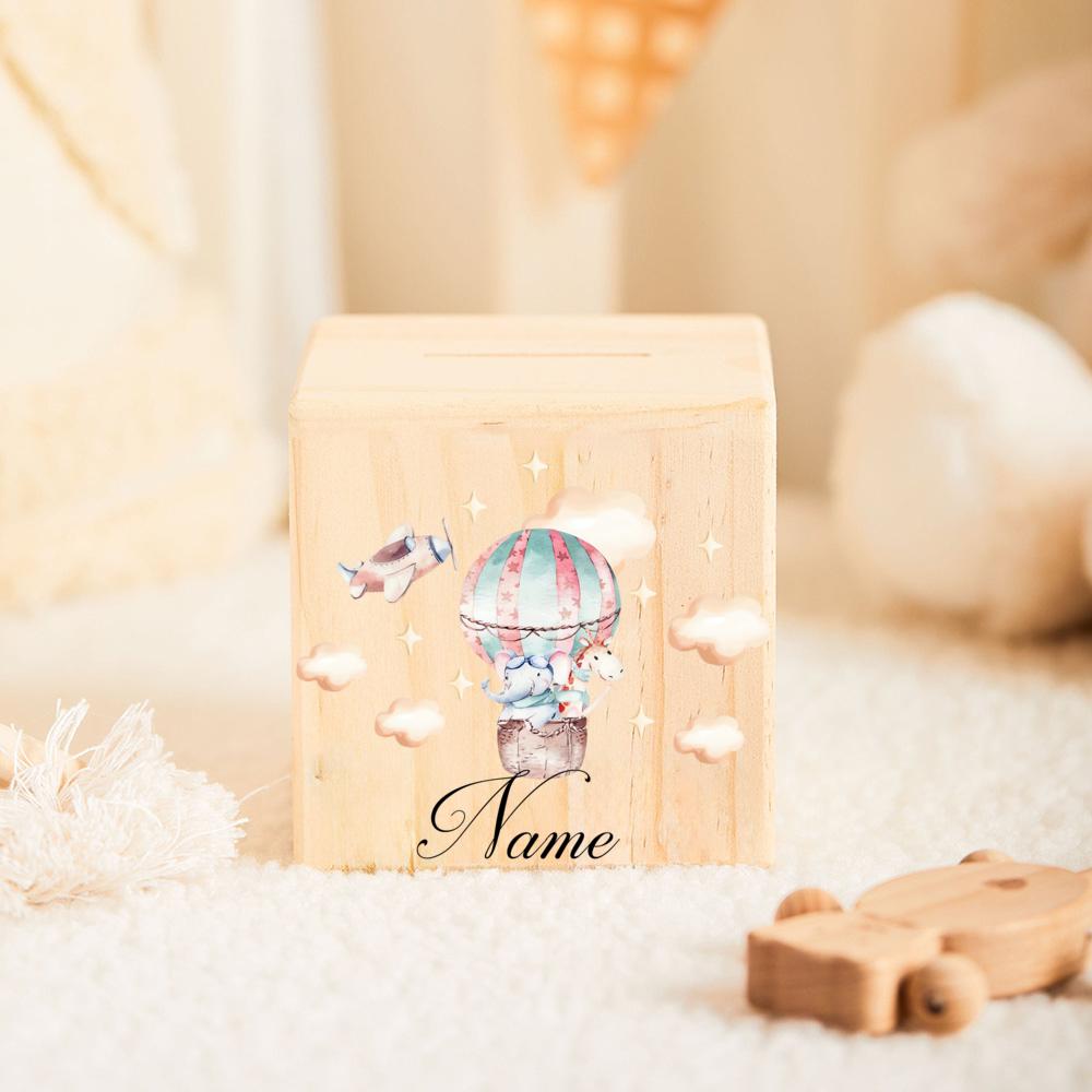 Customized name wooden piggy bank animal with hot air balloon pattern piggy bank personalized antique style gift