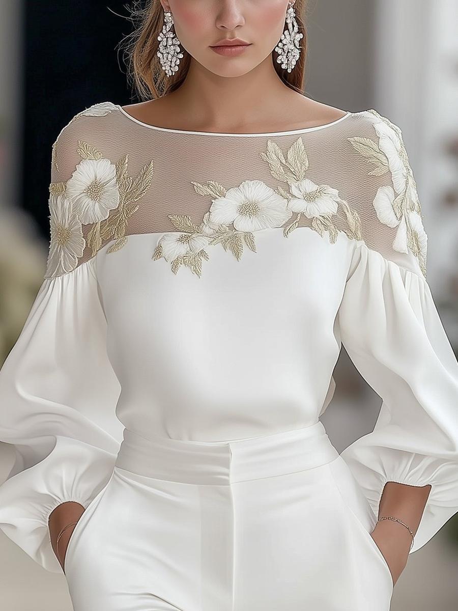 

Women s Ins Long Sleeve Crew Neck Mesh Patchwork Digital Print Chiffon Shirt Top L білий