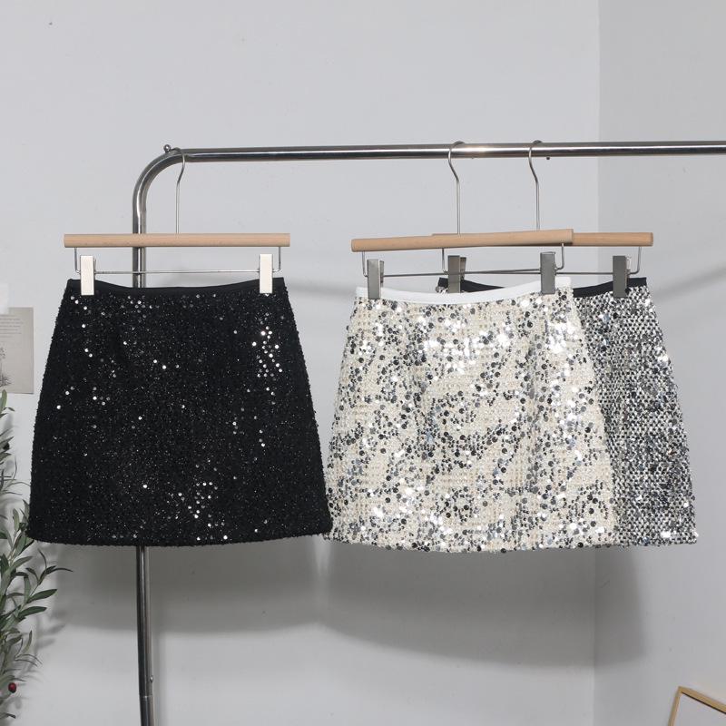 High-Waist Sequin Tweed A-Line Skirt - Anti-Exposure Design