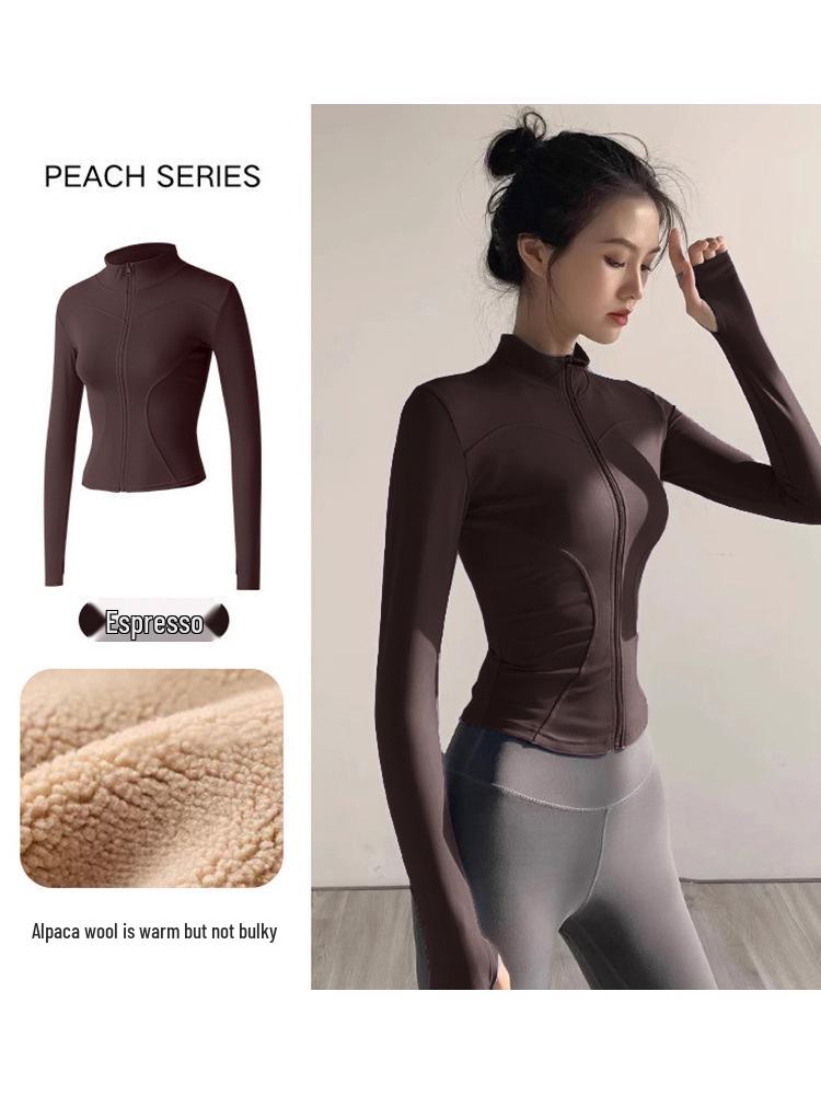 Women's Plush Slim Fit Zipper Yoga Jacket - Thickened, Elastic Long Sleeve, Stand Collar, Warm Autumn & Winter Top