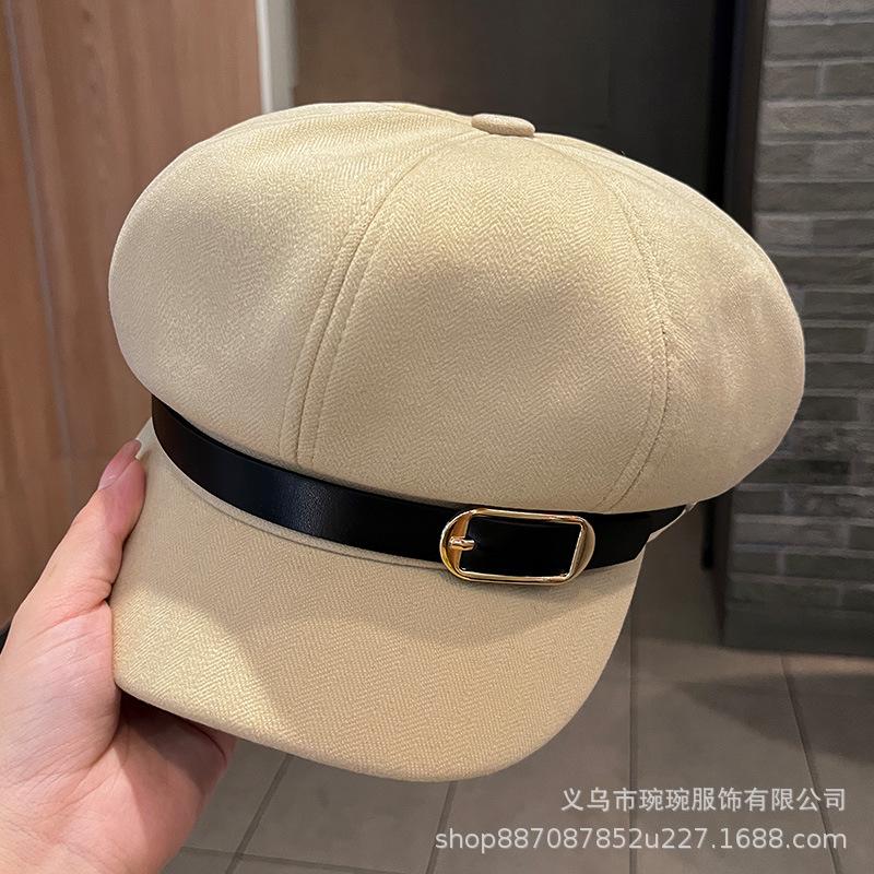 Autumn and winter new simple belt buckle octagonal hat children's outdoor woolen warm newsboy hat British painter hat