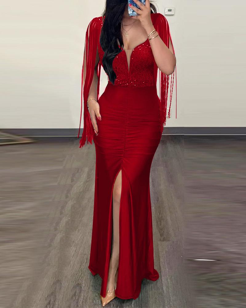 Cross-Border Fashion Sequin Bodycon Dress with Round Neck, Slit, Tassel Sleeves, and Ruched Design