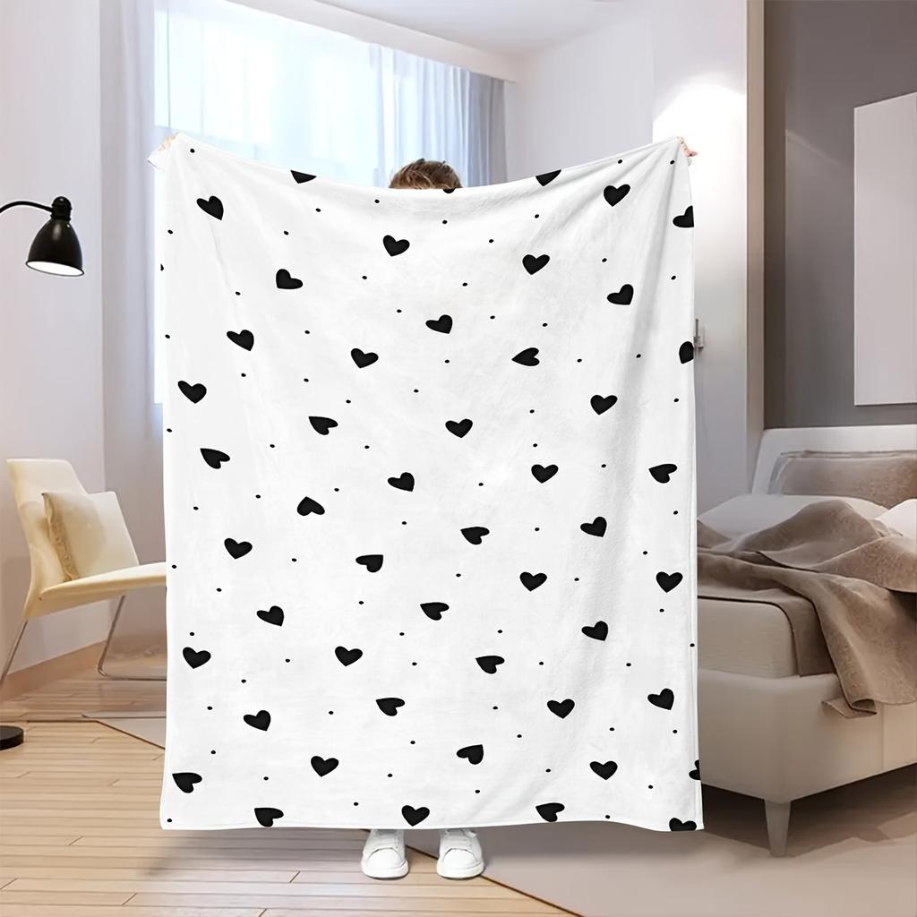 Coperta in Flanella Contemporanea Cuore Nero e Punti, Morbida Lavabile in Lavatrice per Divano Ufficio Campeggio Viaggio Regalo