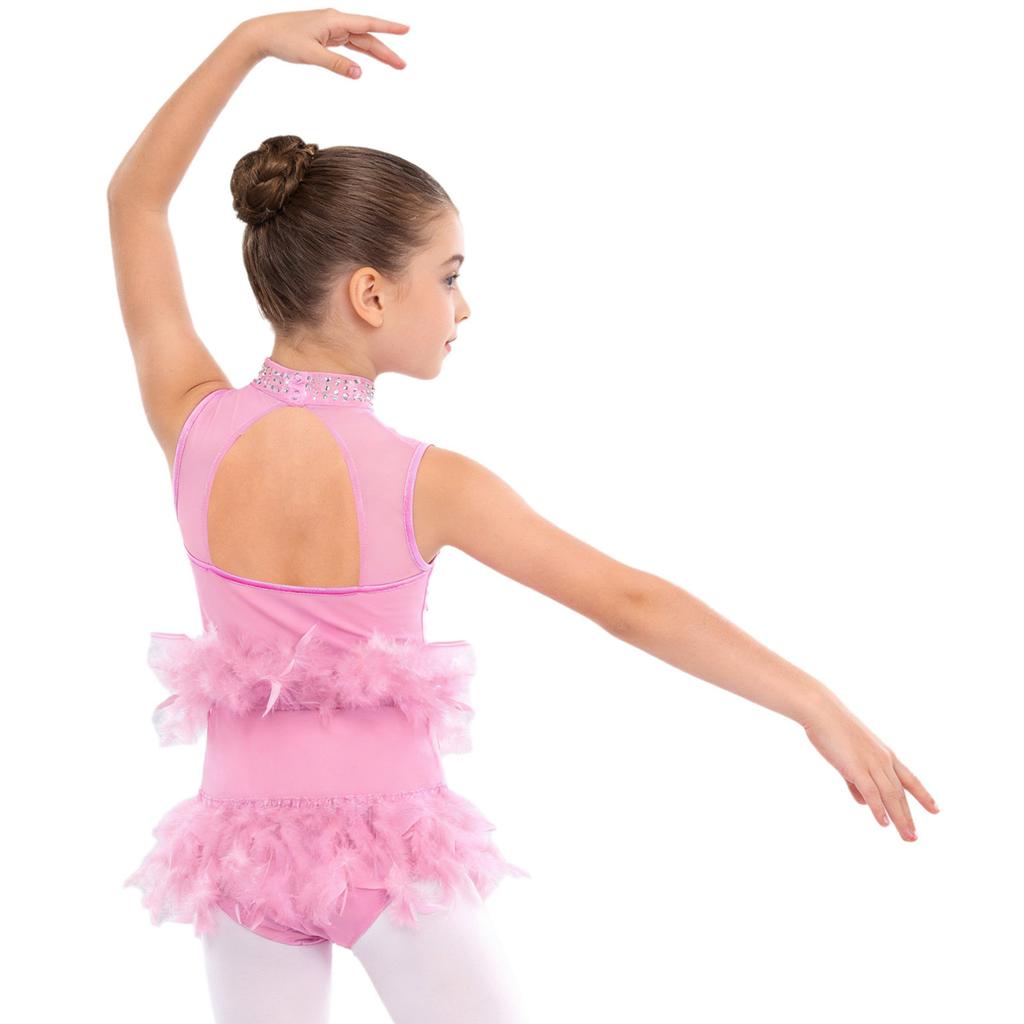 Collant de Dança Feminino Sem Mangas Patchwork de Renda Recorte de Pena nas Costas Brilhantes Strass Color Block