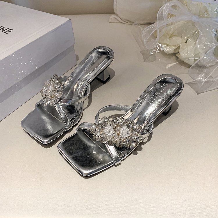 French Fairy Wind Open-toed Sandals Female 2025 Summer New Fashion Rhinestone Flower Thin Heel Outer Wear Temperament High Heels