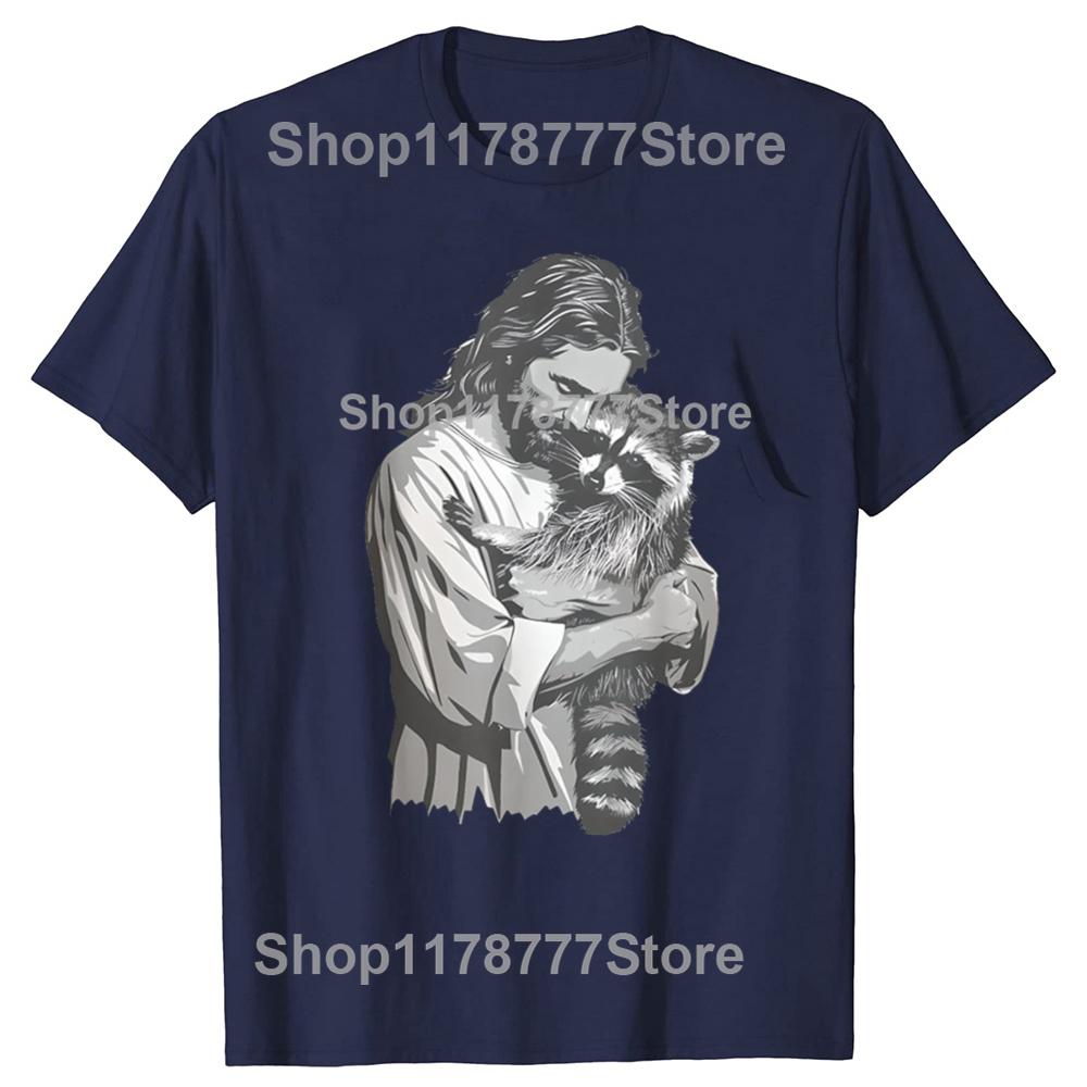 Funny Racoon Lover Trash Christian Jesus T Shirts Cotton Streetwear Birthday Gifts Mens Fashion Casual Loose Oversized T Shirt
