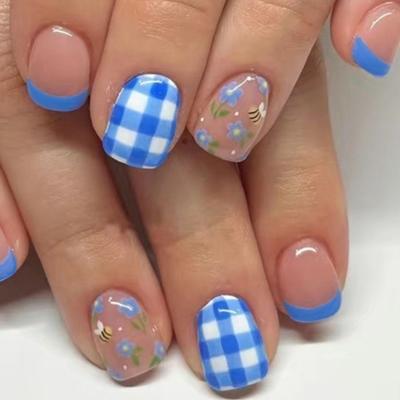 Unghie Finte Quadrate a Pressione con Fiori, Unghie Finte Adesive in 12 Misure, 24 Pezzi Punte per Unghie Francesi per Decorazioni Nail Art Fai da Te