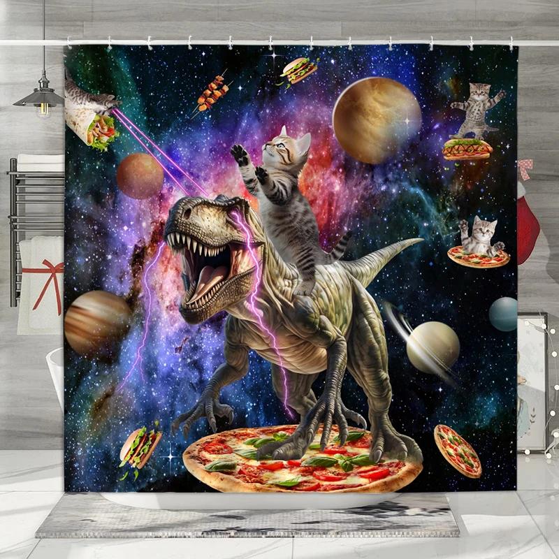 Funny Unicorn Dinosaur Kids Shower Curtain Cute Cartoon Animals Rainbow Galaxy Space Planet Cool Boys Girls Bathroom Decorative