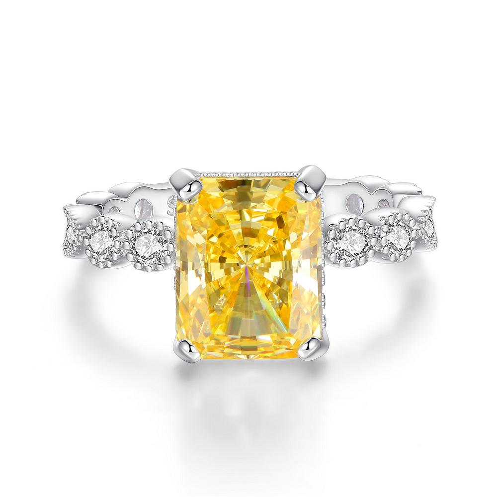 Princess Square S925 Sterling Silver Ring with Yellow Four-Claw Diamond - European & American Style, Non-Fading
