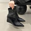 Pointed Short Boots Women's New Boots 2025 Autumn and Winter New European Beautiful Women's Boots High Heel Short Boots Wedge Heel Thin Boots