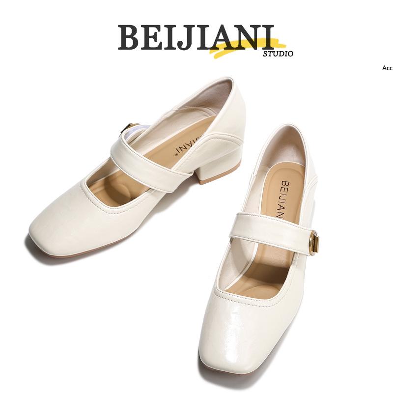 BEIJIANI 1389-1 Women's Chunky Heel Mary Janes, Square Toe, Low-Cut Ankle Strap, Spring/Autumn.