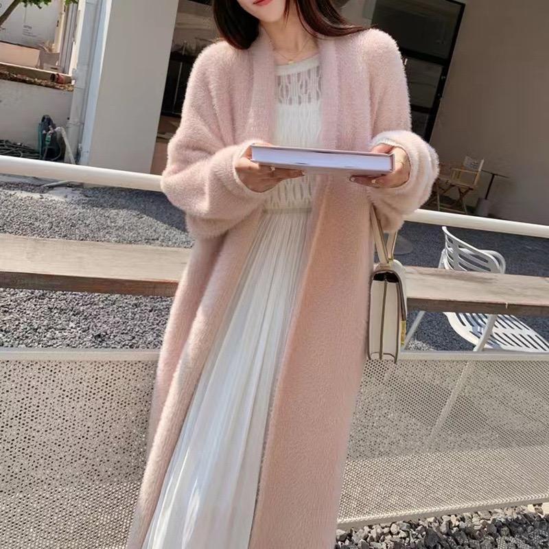 White Long Cardigan for Women Winter Clothes Knitted Fluffy Long Sleeve Cashmere Sweater Coat Korean Style Warm Vintage
